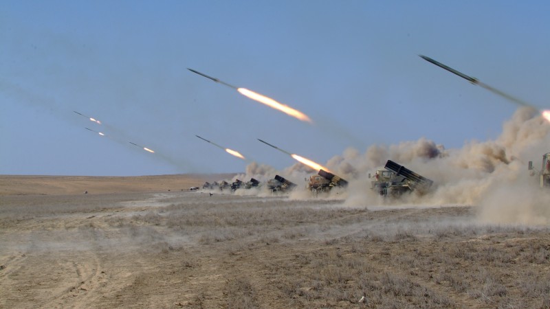 Naiza, MRL, multiple rocket launcher, artillery, Kazakhstan Armed Forces, desert, firing (horizontal)