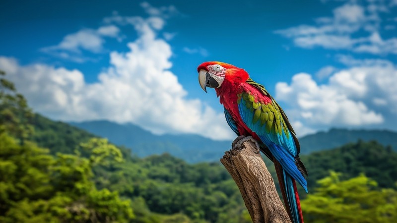 macaw parrot wallpaper, fluffy cloud, lush rainforest, background for desktop wallpaper (horizontal)
