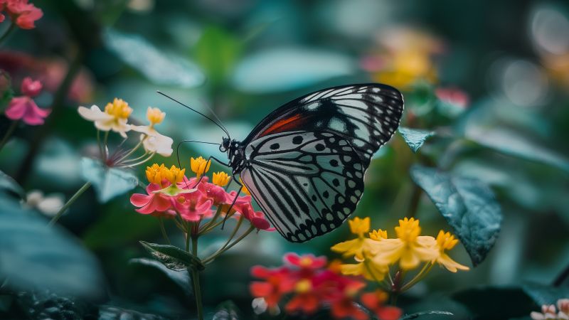 butterfly wallpaper, flowers, glass, background for desktop wallpaper (horizontal)