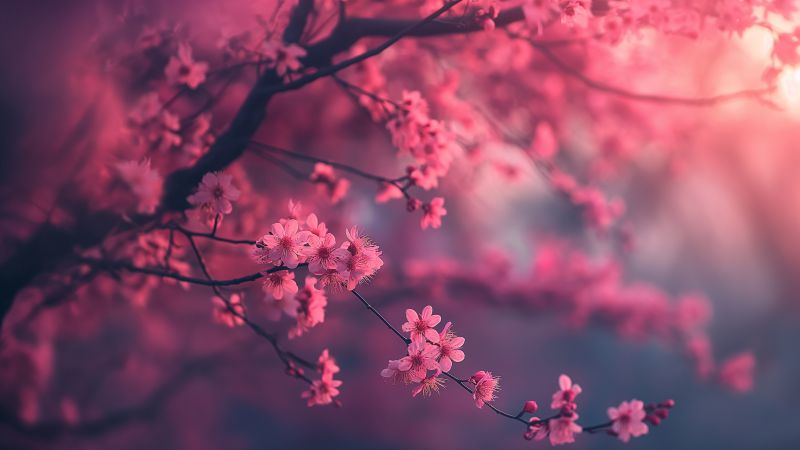 sakura wallpaper, pink flowers, 4k, background for desktop wallpaper (horizontal)