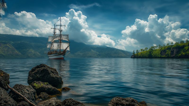 Danau Toba wallpaper, sailing vessel, rocky shoreline, background for desktop wallpaper (horizontal)