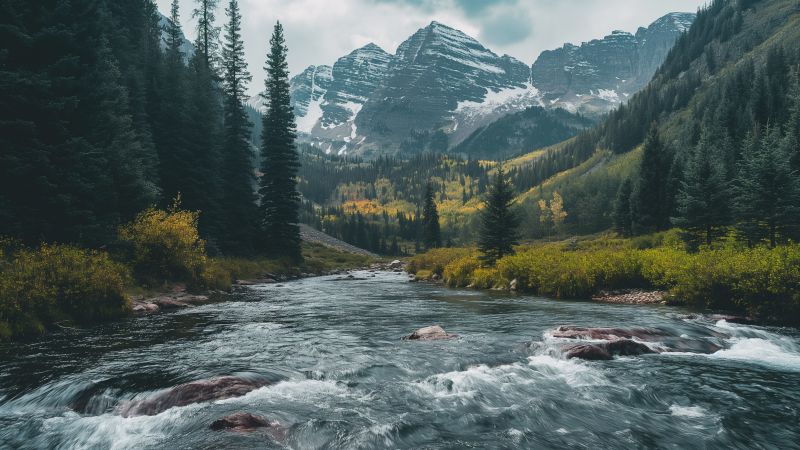 Maroon Bells wallpaper, river scenery, alpine landscape, background for desktop wallpaper (horizontal)