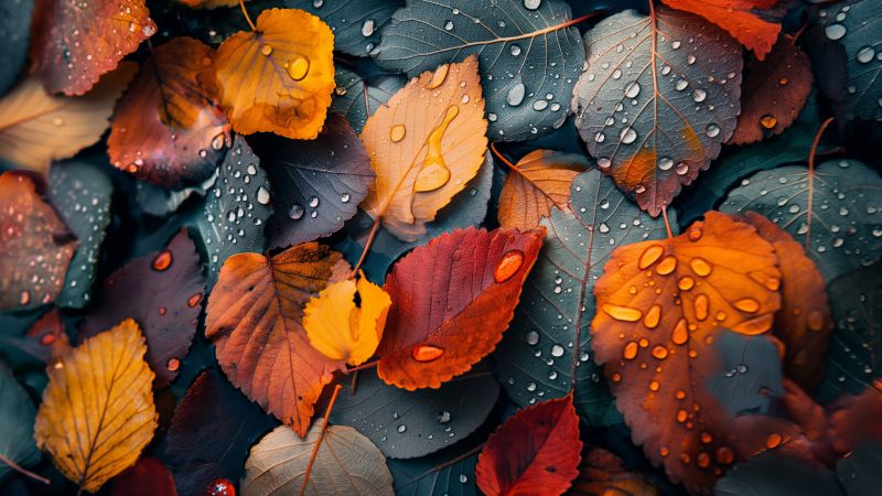 Leaves wallpaper, raindrops, 4k wallpaper, background for desktop wallpaper (horizontal)