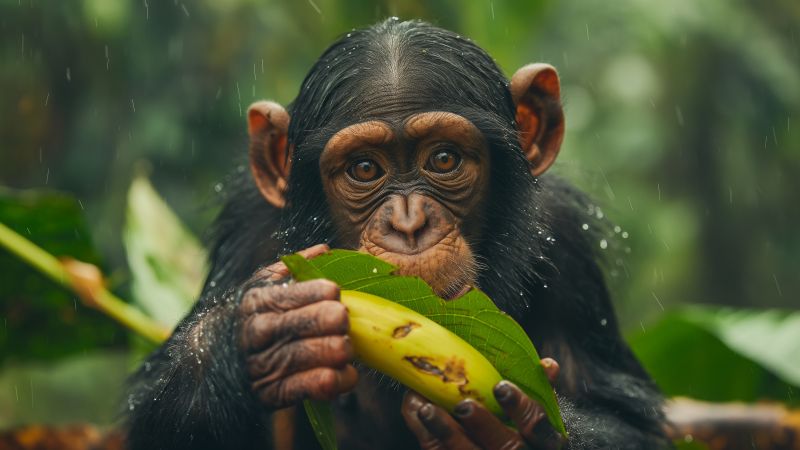 chimpanzee wallpaper, wildlife, lush greenery, background for desktop wallpaper (horizontal)