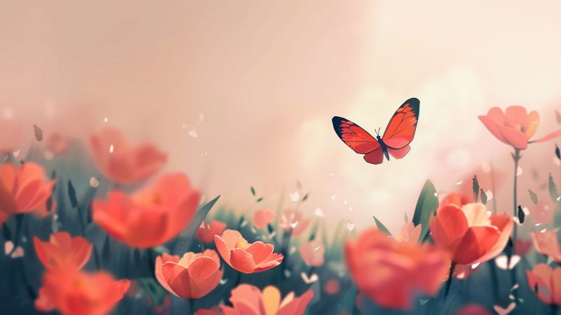 butterfly wallpaper, blossoms, vibrant petals, background for desktop wallpaper (horizontal)