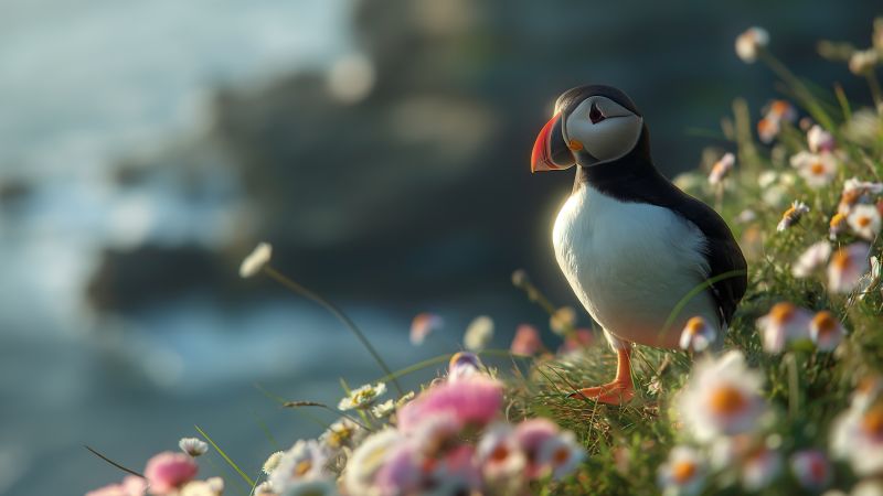 Atlantic puffin wallpaper, ocean habitat, nature photography, background for desktop wallpaper (horizontal)