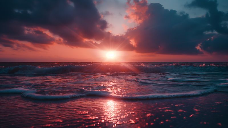 sunset wallpaper, coastline, waves, background for desktop wallpaper (horizontal)