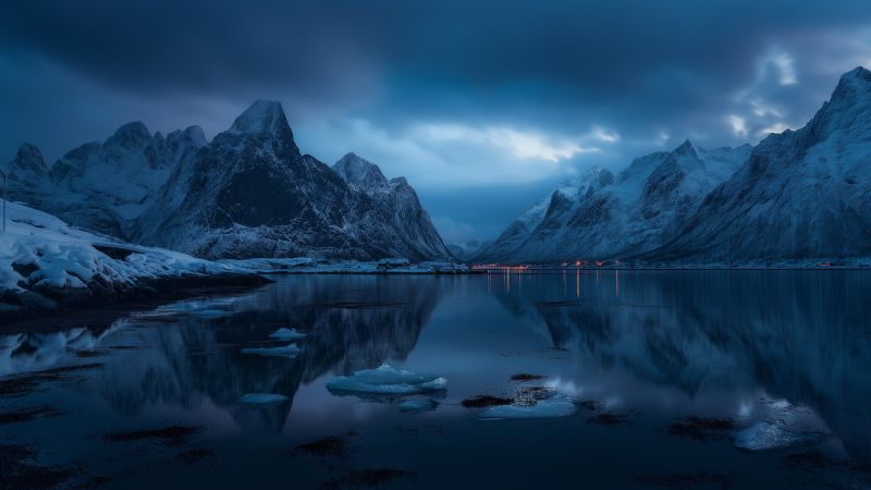 Norway wallpaper, Lofoten islands, night sky, background for desktop wallpaper (horizontal)