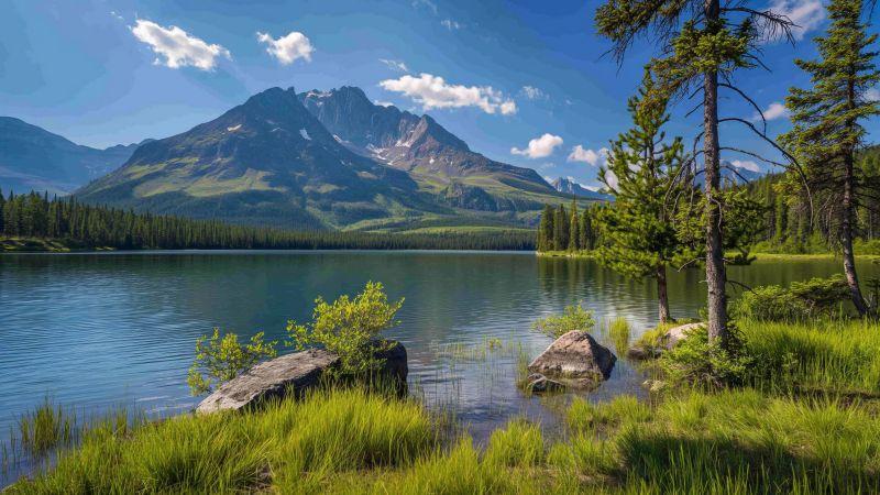 mountain wallpaper, lush trees, crystal-clear water, background for desktop wallpaper (horizontal)