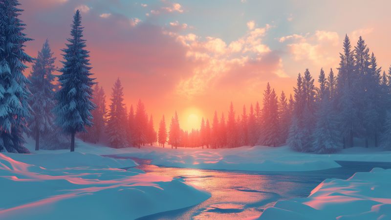 forest wallpaper, sunrise, frosty, background for desktop wallpaper (horizontal)