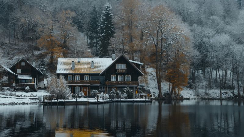 house wallpaper, lake, cozy, background for desktop wallpaper (horizontal)