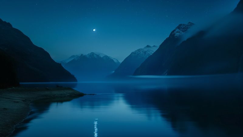 night wallpaper, mountains, reflection, background for desktop wallpaper (horizontal)