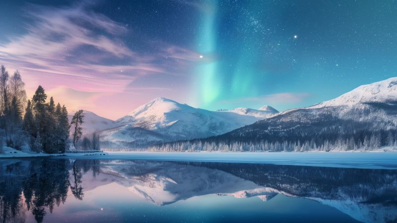 Aurora Borealis wallpaper, mountains, lake, background for desktop wallpaper (horizontal)