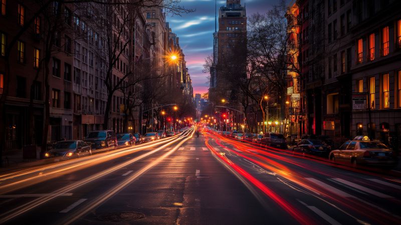 New York City wallpaper, vibrant streets, nighttime cityscape, background for desktop wallpaper (horizontal)