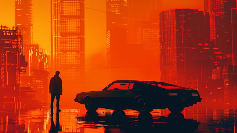 Retrowave wallpaper, synthwave, urban nightlife, background for desktop wallpaper (horizontal)