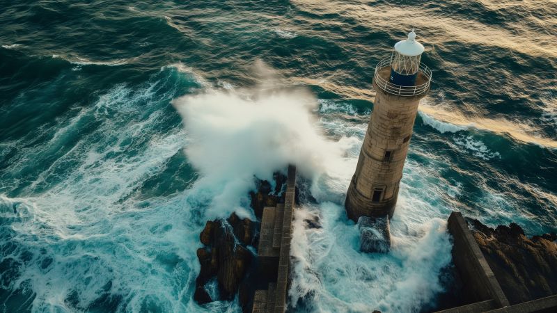 Lighthouse standing tall by the ocean, with waves crashing below.