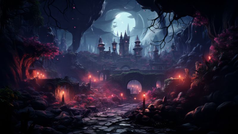 forest wallpaper, enchanted castle, moonlit, background for desktop wallpaper (horizontal)