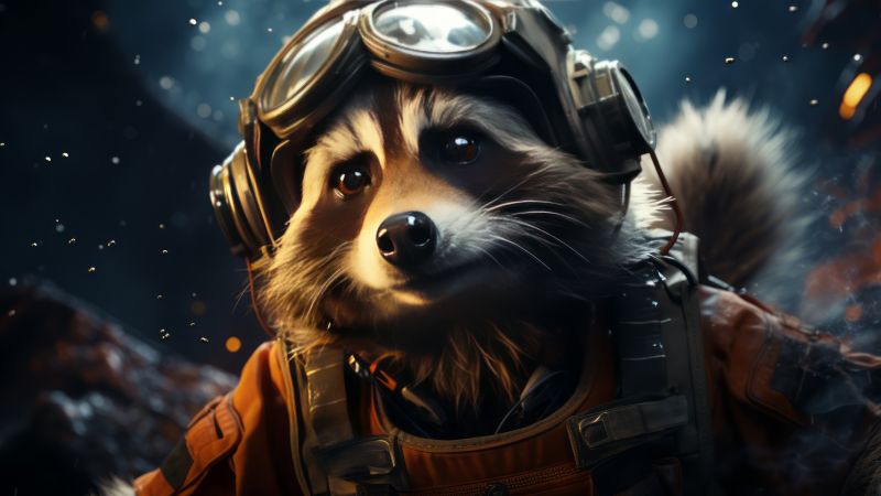 raccoon wallpaper, space adventure, whimsical creatures, background for desktop wallpaper (horizontal)