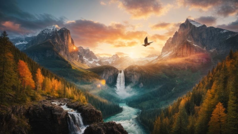 mountains wallpaper, waterfall, scenic, background for desktop wallpaper (horizontal)