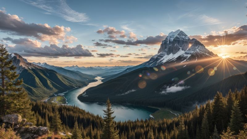 mountains wallpaper, cascading waterfall, serene landscape, background for desktop wallpaper (horizontal)