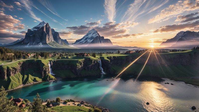 mountains wallpaper, cascading waterfall, nature, background for desktop wallpaper (horizontal)