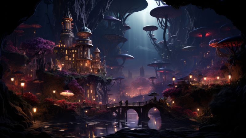 village wallpaper, glowing mushrooms, bioluminescent fungi, background for desktop wallpaper (horizontal)