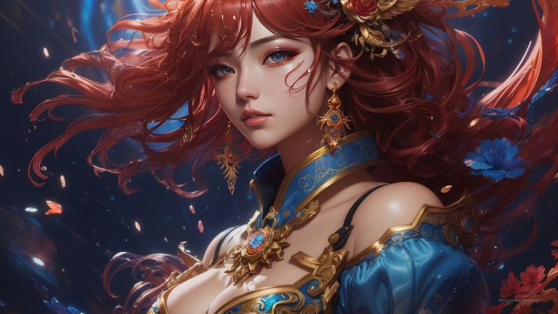 anime girl wallpaper, red-haired character, vibrant hair, background for desktop wallpaper (horizontal)