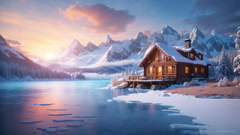 winter wallpaper, house, twilight, background for desktop wallpaper (horizontal)