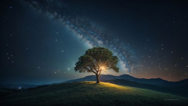 tree wallpaper, starlit, celestial, background for desktop wallpaper (horizontal)