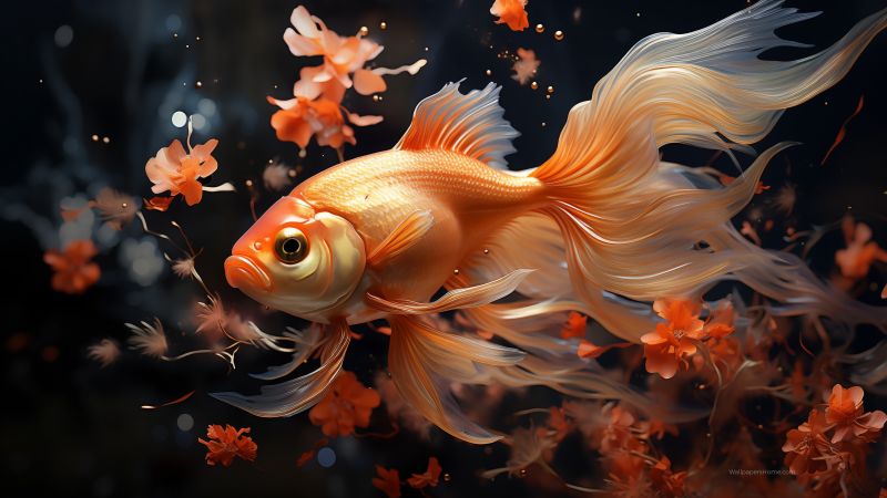 golden fish wallpaper, underwater scene, tropical fish, background for desktop wallpaper (horizontal)