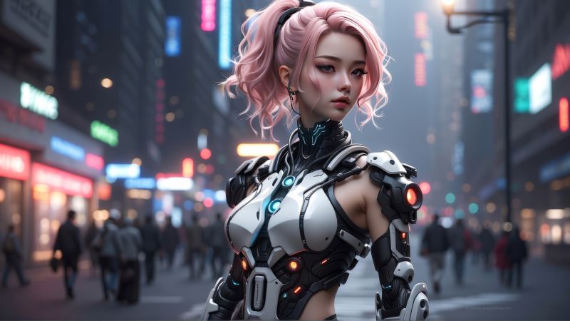 anime girl wallpaper, neon lights, robotic features, background for desktop wallpaper (horizontal)