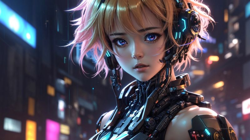 anime girl wallpaper, neon lights, cybernetic enhancements, background for desktop wallpaper (horizontal)