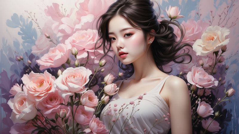 anime girl wallpaper, pink roses, vibrant colors, background for desktop wallpaper (horizontal)