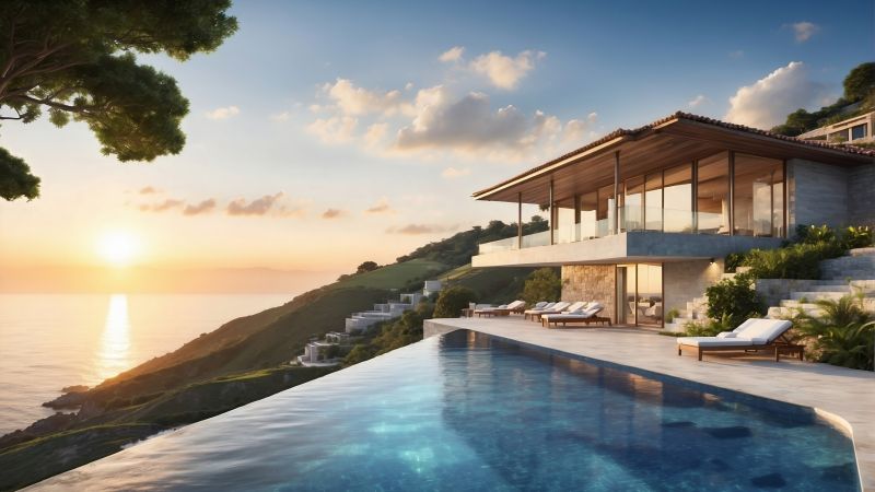 modern house wallpaper, sunset, ocean view, background for desktop wallpaper (horizontal)