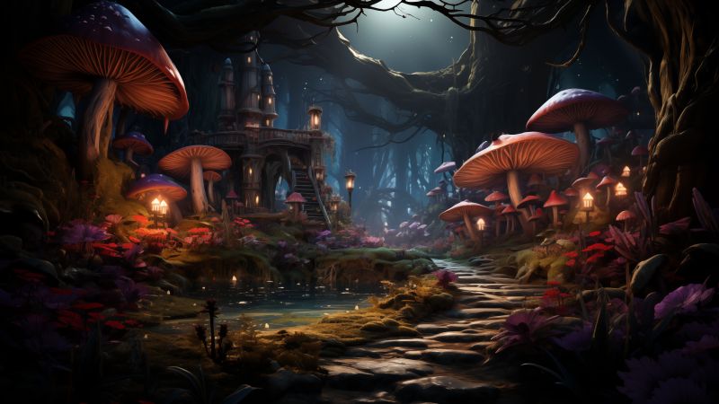 mushrooms wallpaper, whimsical village, quaint cottages, background for desktop wallpaper (horizontal)
