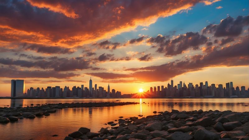 downtown wallpaper, ocean view, evening glow, background for desktop wallpaper (horizontal)