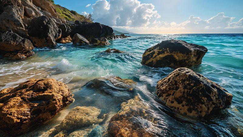 Ocean wallpaper, coastline, cliffs, background for desktop wallpaper (horizontal)