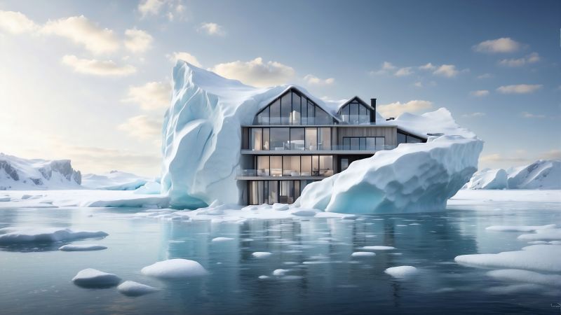 Modern House wallpaper, winter wonderland, minimalist design, background for desktop wallpaper (horizontal)