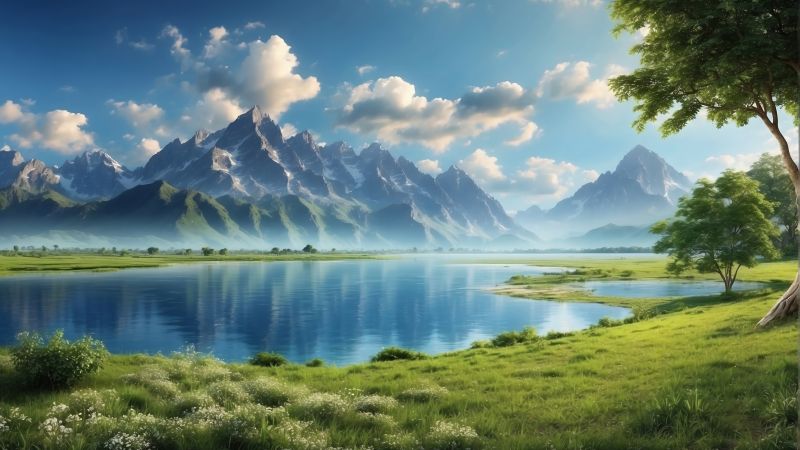 mountains wallpaper, tranquil lake, blue waters, background for desktop wallpaper (horizontal)
