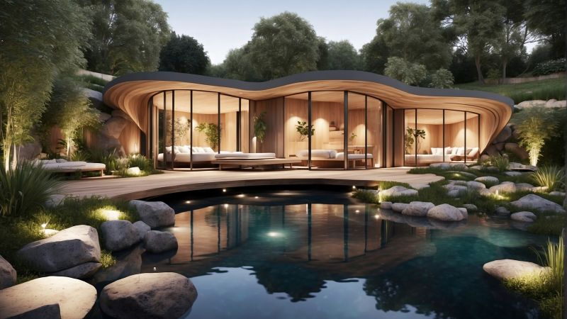 Modern House wallpaper, swimming pool, minimalist style, background for desktop wallpaper (horizontal)