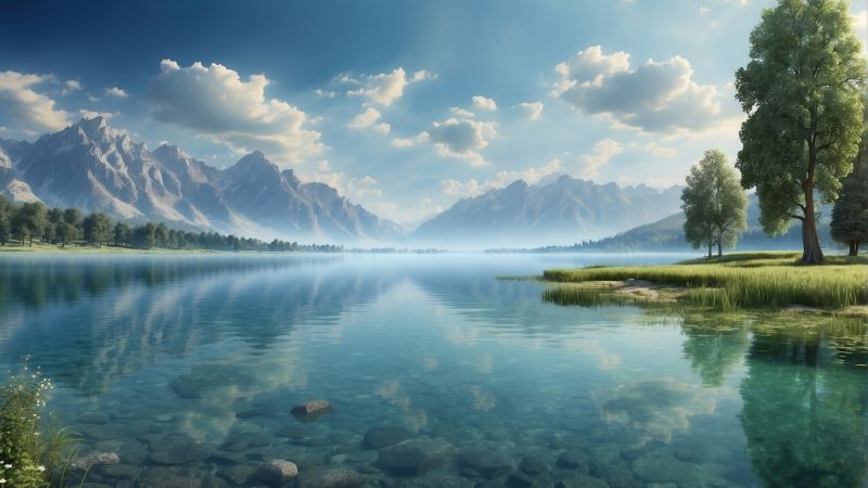 mountains wallpaper, tranquil lake, reflection, background for desktop wallpaper (horizontal)
