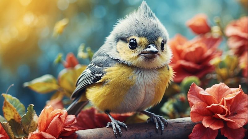 bird wallpaper, blossoms, flora, background for desktop wallpaper (horizontal)