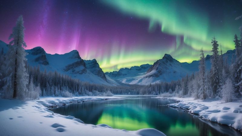 mountains wallpaper, winter, aurora borealis, background for desktop wallpaper (horizontal)