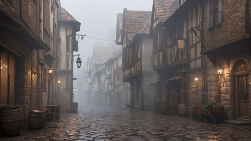 rain wallpaper, wet pavement, residential area, background for desktop wallpaper (horizontal)