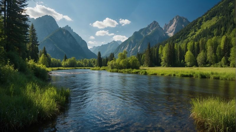 mountains wallpaper, tranquil lake, pine trees, background for desktop wallpaper (horizontal)