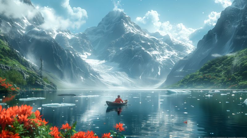 mountains wallpaper, scenic boat, picturesque view, background for desktop wallpaper (horizontal)