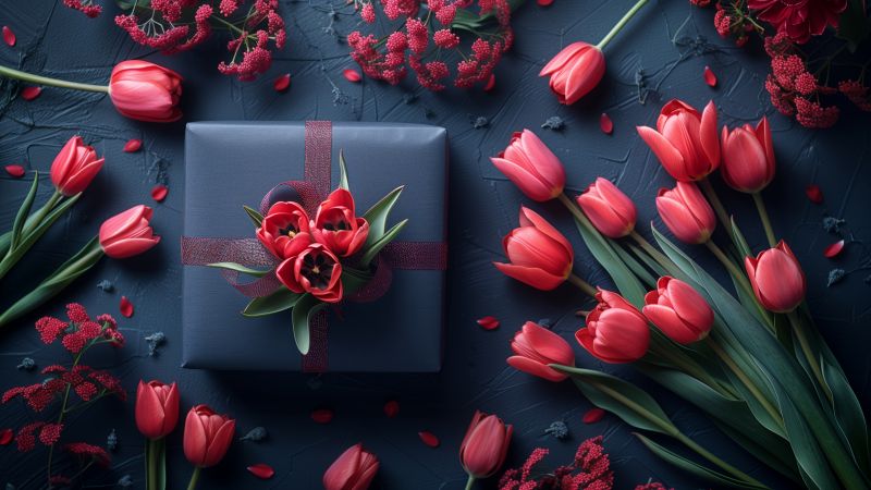 gift wallpaper, dark blooms, bouquet, background for desktop wallpaper (horizontal)