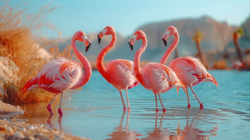 flamingo wallpaper, pink bird, wetland, background for desktop wallpaper (horizontal)