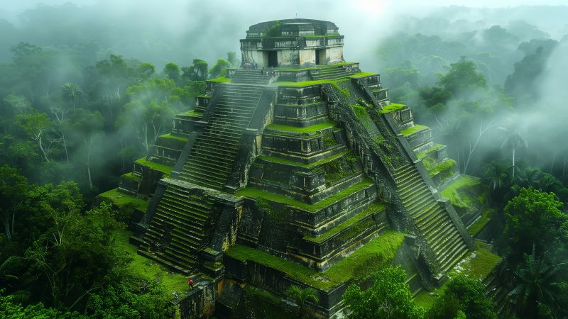 temple wallpaper, woodland, drizzle, background for desktop wallpaper (horizontal)