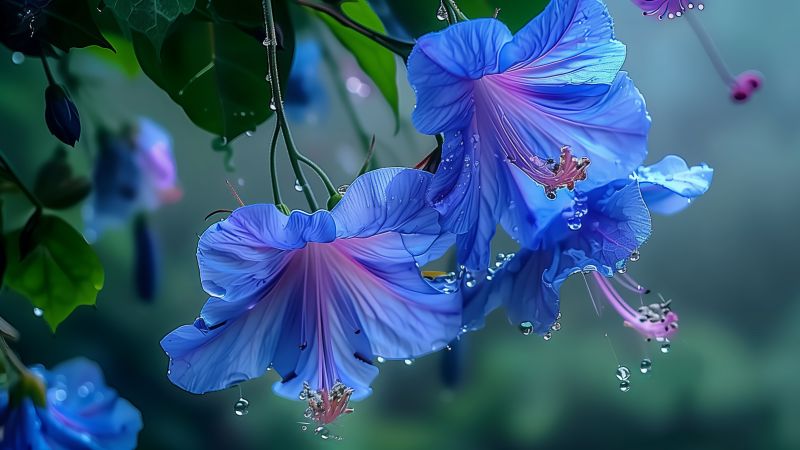 flowers wallpaper, blue petals, azure blooms, background for desktop wallpaper (horizontal)